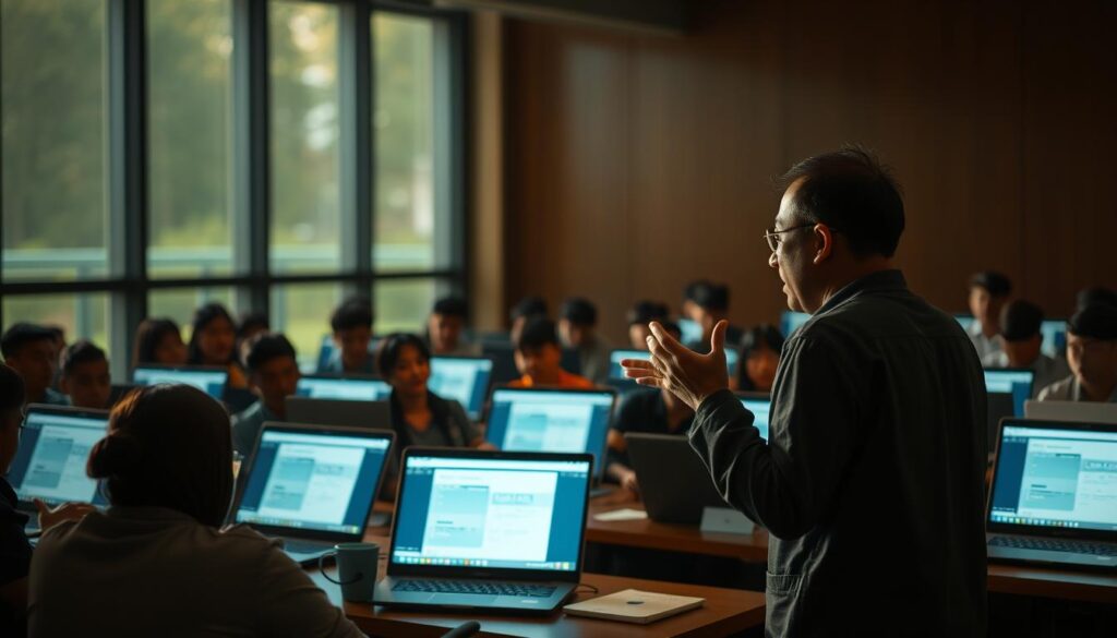A dimly lit classroom filled with focused university students, their faces illuminated by the soft glow of laptop screens. In the foreground, a teacher stands at the head of the class, gesturing animatedly as they guide the group through a software tutorial. The scene is captured with a shallow depth of field, emphasizing the attention and engagement of the learners. Warm, natural lighting filters in through large windows, casting a cozy atmosphere over the educational setting. The overall mood is one of productive collaboration and knowledge-sharing, conveying the essence of a "pelatihan pengguna" session.