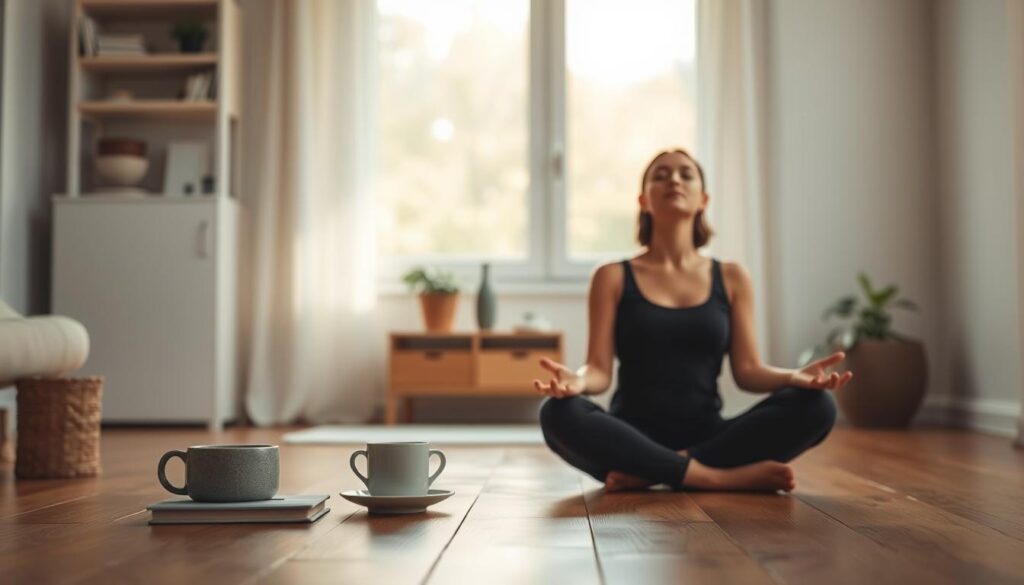 A serene, minimalist scene depicting the practice of mindfulness in everyday life. In the foreground, a person sits cross-legged on a wooden floor, eyes closed in deep contemplation, their expression peaceful and tranquil. Soft natural light filters in through a large window, casting a warm glow on the scene. In the middle ground, simple household objects like a cup of tea, a journal, and a few plants create a sense of domestic tranquility. The background is blurred, suggesting a quiet, uncluttered living space. The overall atmosphere is one of calm, focus, and present-moment awareness, capturing the essence of mindfulness as an integral part of daily living. A serene, minimalist scene depicting the practice of mindfulness in everyday life. In the foreground, a person sits cross-legged on a wooden floor, eyes closed in deep contemplation, their expression peaceful and tranquil. Soft natural light filters in through a large window, casting a warm glow on the scene. In the middle ground, simple household objects like a cup of tea, a journal, and a few plants create a sense of domestic tranquility. The background is blurred, suggesting a quiet, uncluttered living space. The overall atmosphere is one of calm, focus, and present-moment awareness, capturing the essence of mindfulness as an integral part of daily living.