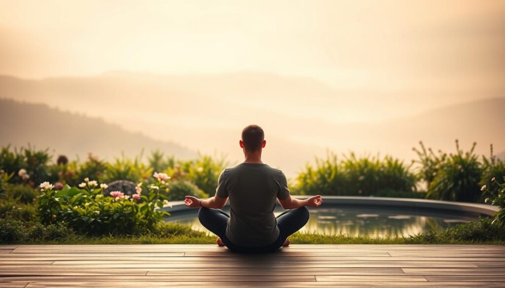 A serene, tranquil scene depicting the concept of "Mindfulness and Mental Well-being". In the foreground, a person sits in a cross-legged meditation pose, their eyes closed, exuding a sense of inner peace and focus. The middle ground features a lush, verdant garden with blooming flowers and a calming water feature, creating a soothing, natural environment. The background is a hazy, dreamlike landscape with soft, pastel hues, conveying a sense of harmony and introspection. The lighting is soft and diffused, creating a warm, introspective atmosphere. The overall composition and tone suggest a state of mental clarity, emotional balance, and a deep connection with the present moment. A serene, tranquil scene depicting the concept of "Mindfulness and Mental Well-being". In the foreground, a person sits in a cross-legged meditation pose, their eyes closed, exuding a sense of inner peace and focus. The middle ground features a lush, verdant garden with blooming flowers and a calming water feature, creating a soothing, natural environment. The background is a hazy, dreamlike landscape with soft, pastel hues, conveying a sense of harmony and introspection. The lighting is soft and diffused, creating a warm, introspective atmosphere. The overall composition and tone suggest a state of mental clarity, emotional balance, and a deep connection with the present moment.
