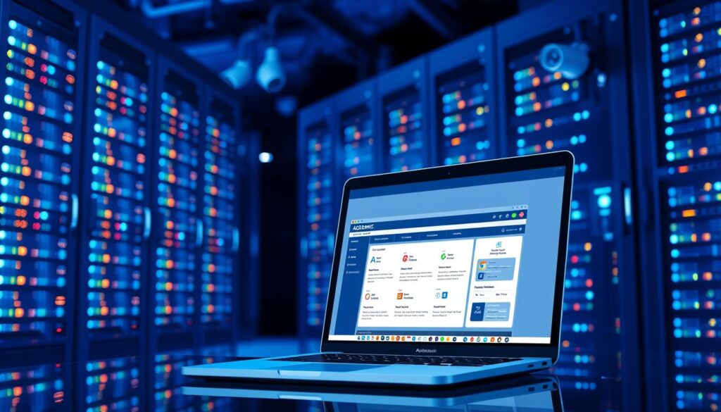 A sleek, modern data center filled with rows of secure servers, their LED lights blinking in a rhythmic pattern. In the foreground, a laptop display showcases a user interface for an academic information system, its elegant design and intuitive layout conveying a sense of reliability and data protection. The background is bathed in a soft, blue-hued lighting, creating a serene and professional atmosphere, while discreet security cameras keep a watchful eye over the entire scene. The image communicates the importance of robust data security measures in safeguarding the sensitive information of academic institutions.