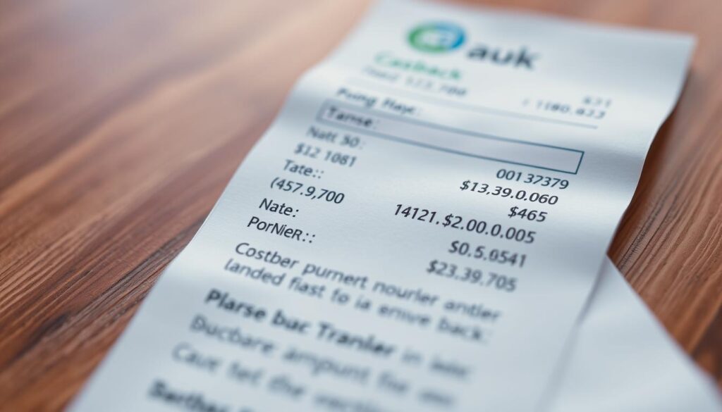 A close-up shot of a detailed receipt or "foto struk" from a cashback application. The receipt is placed on a wooden table, with a soft, warm light illuminating the text and numbers. The background is slightly blurred, creating a focus on the receipt itself. The receipt should be visually striking, with clearly legible details such as the application logo, transaction amount, date, and any other relevant information that would be useful for a user to optimize their cashback experience. The overall mood should convey a sense of financial organization, security, and the potential for saving money through careful tracking of cashback opportunities.