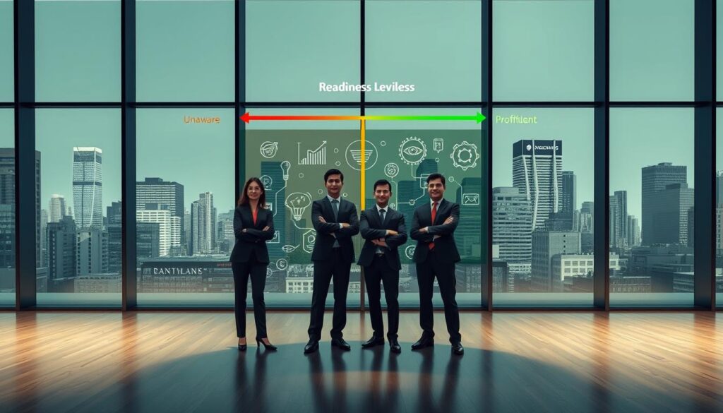 A conceptual illustration representing the "Technology Readiness Levels" of organizations, divided into four distinct stages: Unaware, Aware, Proficient, and Competent. In the foreground, a modern office setting features four professionals dressed in smart business attire, each standing confidently beneath a stylized representation of their readiness level, indicated by progressive colors from red to green. In the middle ground, an interactive digital display illustrates AI-related icons and technological tools that reflect each level of readiness. The background showcases a sleek city skyline through large glass windows, hinting at a forward-thinking environment. Soft ambient lighting enhances the mood, with a focus on clarity and professionalism. A wide-angle perspective captures the vibrant yet serious atmosphere, emphasizing the importance of AI readiness in the modern workplace.