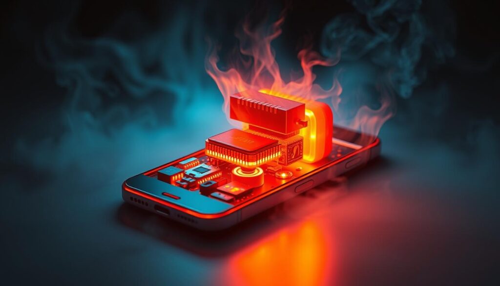 A high-resolution, detailed, and realistic image of the main causes of a smartphone overheating. Show the internal components of a phone, including the CPU, battery, and other heat-generating parts, in a cutaway or exploded view. Depict the phone's exterior with a glowing, reddish-orange glow to convey the intense heat. Use cool, desaturated tones for the background to highlight the hot components. Capture the scene from a slightly low angle to give a sense of scale and emphasize the technical complexity within a compact device. Portray the heat visually through dynamic lighting, ambient smoke or vapor, and subtle distortion effects. The overall mood should be one of concern and urgency, drawing the viewer's attention to the critical issue of smartphone overheating.