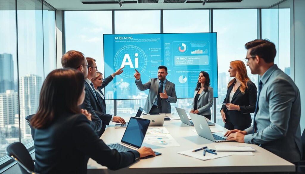 A modern corporate office scene illustrating a strategic meeting focused on enhancing AI readiness in organizations. In the foreground, a diverse group of professionals wearing smart business attire, engaged in discussion, pointing to a futuristic digital screen displaying AI-related data and strategies. In the middle, a large conference table with laptops, charts, and notes. The background features large windows with a cityscape view, bathed in natural light, creating an open and collaborative atmosphere. Use a slightly elevated angle to capture the dynamics of the meeting and the modern decor of the office space, promoting a sense of innovation and teamwork. The overall mood is energizing and forward-thinking, emphasizing the importance of preparation for technological advancements.