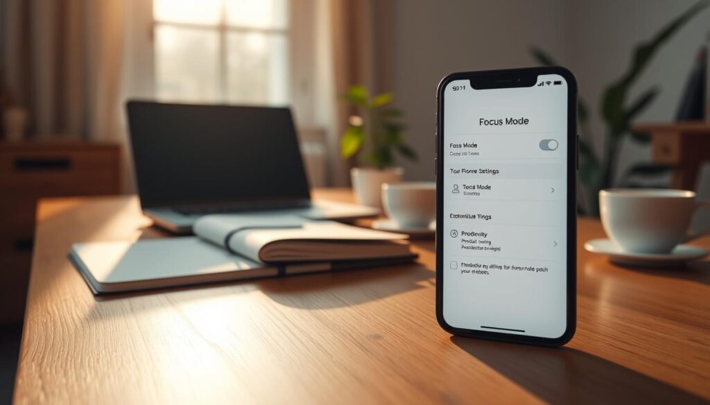 A serene home office setting illustrating the "Focus Mode" feature on iOS. In the foreground, a sleek iPhone displays the Focus Mode interface, showing customized settings for productivity and minimal distractions. The middle ground features a stylish wooden desk with a laptop open, alongside a planner and a coffee cup. Soft, natural light streams in from a window, creating warm highlights. In the background, a calming indoor plant adds a touch of greenery, enhancing the tranquil atmosphere. The overall mood conveys a sense of concentration and productivity, perfectly embodying tips for maximizing efficiency. The composition uses a shallow depth of field to emphasize the iPhone while softly blurring surrounding elements.