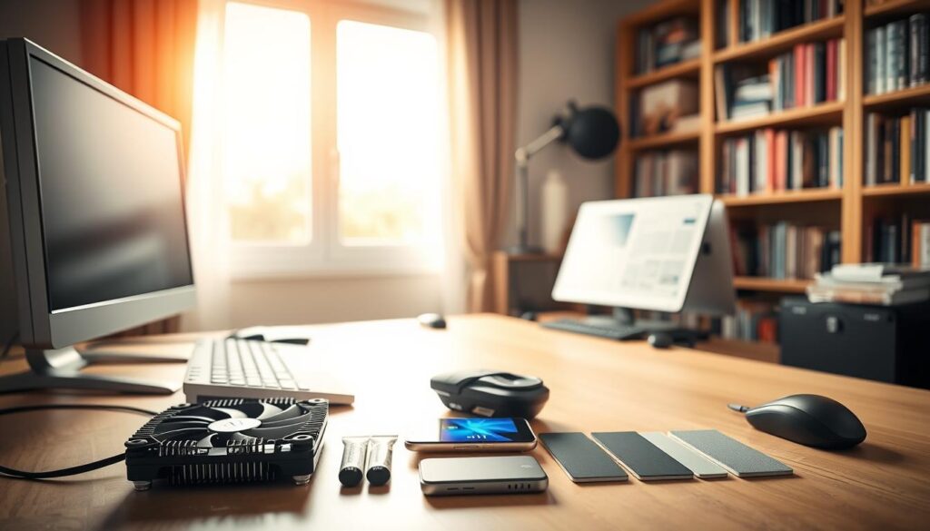 A serene workspace with a desktop computer, keyboard, and mouse arranged neatly. The scene is bathed in warm, natural lighting from a large window, creating a calming ambiance. In the foreground, a well-organized array of cooling accessories, including a desktop fan, a compact air cooler, and a set of thermal paste and pads, suggests a proactive approach to thermal management. The middle ground features a smartphone charging station, emphasizing the importance of maintaining optimal device temperatures. The background showcases bookshelves filled with technical manuals and reference materials, hinting at a deeper understanding of thermal dynamics and cooling principles. The overall composition conveys a sense of balance, efficiency, and a commitment to long-term device health and performance.