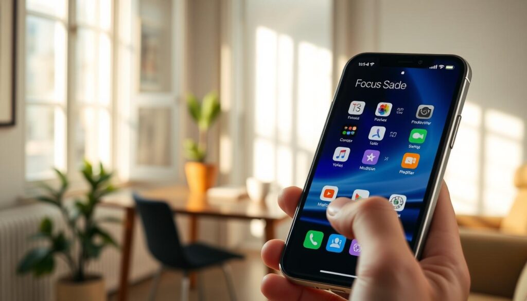 A sleek smartphone displaying the Focus Mode app interface, prominently featuring a serene, organized home screen filled with productivity-focused apps like a calendar, to-do list, and meditation app. In the foreground, a hand in professional attire gently navigates the screen, while soft, diffused natural light streams in from a nearby window, creating a calming and focused atmosphere. The middle ground shows a cozy workspace with a neatly arranged desk, plant, and a calming coffee cup, while the background hints at an uncluttered room that promotes concentration. The overall mood is tranquil and efficient, highlighting the importance of using focus-enhancing applications for a distraction-free experience.