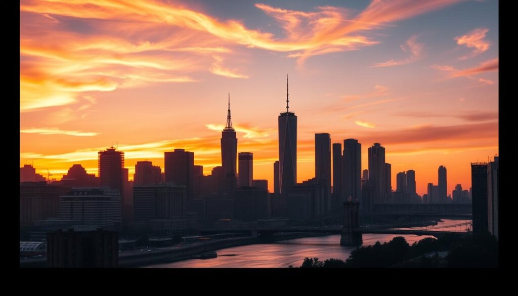 An ultra-high-definition video scene with a vibrant, wide-color-gamut display. The frame is filled with a dynamic, high-contrast image of a city skyline at dusk, bathed in warm, golden-hour lighting. Tall skyscrapers and bridges stretch into the distance, their reflections rippling in the waters of a calm river. The sky is painted in rich hues of orange, pink, and purple, with wispy clouds drifting overhead. The overall mood is one of cinematic grandeur, showcasing the potential of HDR video technology to deliver a truly immersive, lifelike visual experience.