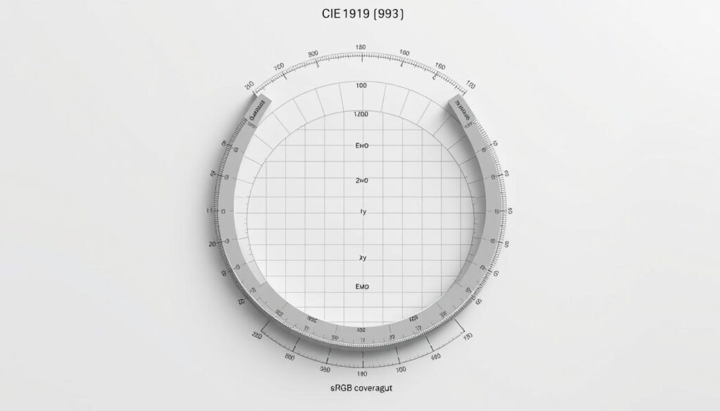 Detailed technical diagram showcasing the CIE 1931 color space, a pioneering color model that defines the visible spectrum of human color vision. The diagram should be rendered in high detail, with a clean, minimalist aesthetic. Depict the horseshoe-shaped chromaticity diagram with precise CIE x,y coordinate grid lines, highlighting the sRGB color gamut coverage area. Use a neutral, gray background to make the color information the focal point. Incorporate subtle lighting to give the diagram a sense of depth and dimensionality, without distracting shadows or reflections. The overall tone should convey a scientific, educational atmosphere suitable for an academic article on color management.