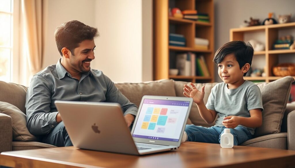 A caring parent and child engaged in a conversation about online safety in a cozy, well-lit living room. The parent, dressed in casual yet professional clothing, sits comfortably on a sofa, leaning slightly forward with an attentive expression. The child, wearing modest casual attire, is animatedly sharing thoughts, eyes bright with curiosity. A laptop is open on the coffee table, displaying a friendly, colorful interface, suggesting a discussion about internet activities. In the background, bookshelves filled with educational materials and soft toys create a nurturing atmosphere. Warm, natural light filters through a nearby window, casting a gentle glow over the scene, evoking a mood of trust and openness as they build a bridge for honest communication about the digital world.