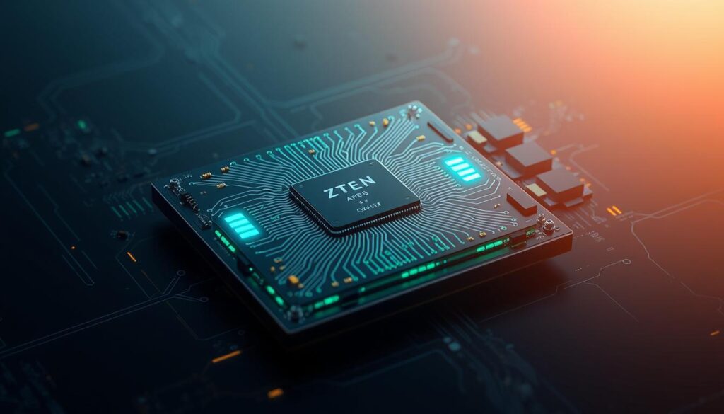 A detailed and vibrant cross-section illustration of the APU Orion, blending Zen 6 architecture with RDNA 5 graphics, showcased prominently in the foreground. The APU should be depicted as a sleek, futuristic chip with intricate circuit pathways, glowing with hints of blue and green lighting emanating from its core. In the middle ground, abstract representations of surrounding components such as memory modules and power units can provide context, maintaining a high-tech ambiance. The background should feature a subtle gradient, transitioning from dark to light, to enhance the APU's prominent presence. The overall mood should evoke innovation and cutting-edge technology, ideally captured with a slight tilt-angle perspective to add depth, while ensuring professional clarity and focus without any human figures or text.