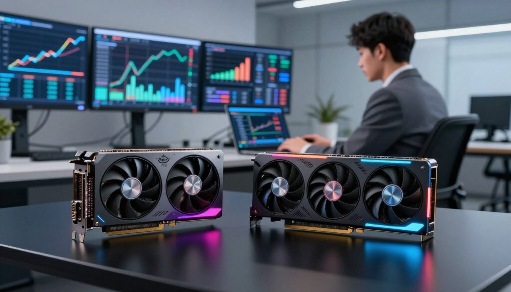 A detailed, high-tech comparison scene showcasing the Intel Arc Battlemage GPU alongside its closest competitor, depicted in a sleek, modern office environment. In the foreground, both GPUs are prominently displayed on a polished black table, illuminated by dynamic, colorful LED lighting that highlights their features. The middle ground features a professional-looking individual in business attire, analyzing benchmarks on a high-resolution laptop screen. In the background, a wall of digital monitors shows performance graphs and 8K rendering capabilities. The mood is focused and innovative, with a cool color palette of blues and grays. The lighting is bright yet balanced, evoking a sense of cutting-edge technology.