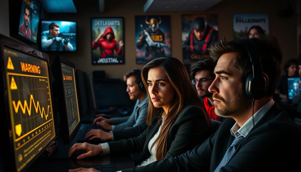 A dimly lit gaming café filled with diverse groups of gamers immersed in their screens, depicting the negative impacts of illegal skin transactions. In the foreground, a concerned gamer dressed in professional business attire looks worriedly at their glowing monitor showing warning symbols and a declining currency graph. The middle ground features a couple of friends debating fiercely, their contrasting facial expressions highlighting tension and frustration. In the background, posters of popular games hang on the walls, but one is torn, symbolizing the decline of the community. The lighting is atmospheric, with a soft glow from the screens casting shadows on their faces, evoking an uneasy mood. The lens should capture the entire scene with a slightly tilted angle for dramatic effect, emphasizing the sense of crisis within the gaming community.