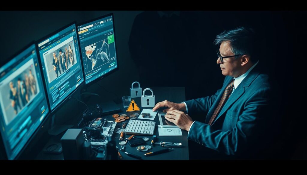A dramatic scene depicting the risks of illegal skin game transactions. In the foreground, a person in professional business attire sits at a dimly lit computer desk, their face illuminated by the glow of multiple screens showcasing game skins and transaction interfaces. In the middle ground, various skin game items are scattered around, intertwined with elements representing cybersecurity threats, like a digital lock, warning signs, and hacker symbols. The background features blurry silhouettes of shadowy figures, emphasizing secrecy and illicit activities. The atmosphere is tense and foreboding, enhanced by low-key lighting casting sharp shadows, creating a sense of urgency and caution. The angle is slightly overhead, providing a comprehensive view of the interaction and highlighting the complexities involved in these transactions.