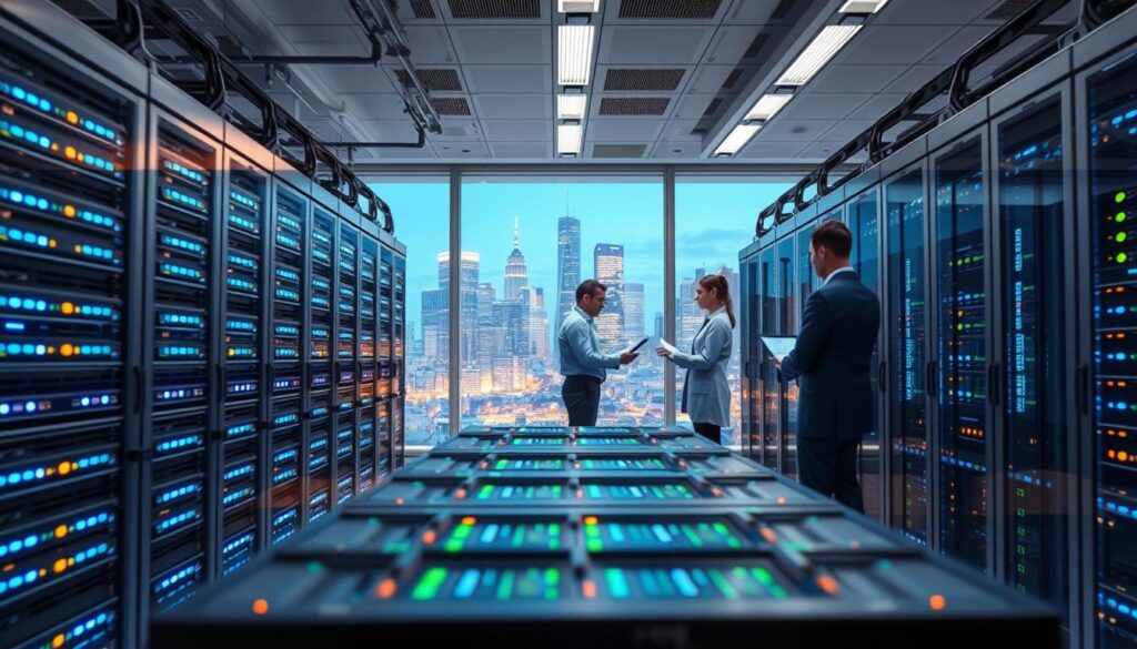 A futuristic exascale supercomputer station, showcasing a sleek and powerful machine set against a high-tech laboratory background. In the foreground, intricate server racks pulsate with blue and green LEDs, emphasizing their computational power. The middle layer features skilled technicians in professional business attire, intently monitoring data on digital displays, collaborating on performance metrics. The background shows large windows revealing a city skyline at dusk, with warm lights twinkling in the buildings. The atmosphere is vibrant yet focused, illuminated by soft overhead lighting that highlights the advanced technology without harsh glare. Capture this scene from a slightly elevated angle, emphasizing the dynamic environment of cutting-edge computing.