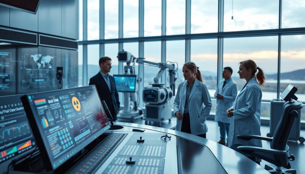 A futuristic setting showcasing a nuclear security application. In the foreground, a sleek, high-tech control panel displays glowing screens with complex data about nuclear energy and safety protocols, operated by a diverse team of scientists in professional business attire. The middle ground reveals advanced monitoring equipment and robotic systems, emphasizing cutting-edge technology for national security. The background features a modern research facility with large glass windows overlooking a serene landscape, symbolizing transparency in nuclear research. Soft, blue ambient lighting illuminates the scene, creating a calm yet authoritative atmosphere. The angle captures the essence of collaboration and innovation in nuclear safety.