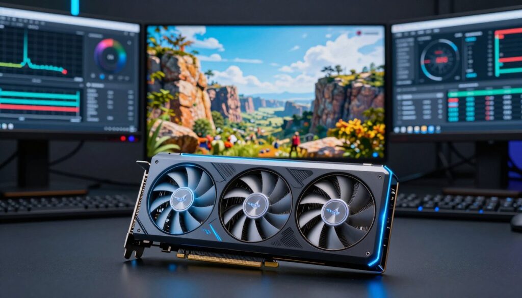 A high-tech digital rendering of a benchmark comparison showcasing the performance of the Intel Arc Battlemage GPU rendering an 8K scene. In the foreground, a sleek, futuristic graphics card glimmers under soft blue LED lighting, its fans gently spinning. The middle ground features a detailed 8K resolution image of a stunning landscape, rich in colors and textures, with intricate details of rocks, foliage, and a clear sky. The background is a blurred workstation setup with multiple monitors displaying graph charts and CPU performance metrics, creating a professional tech environment. The scene is brightly lit, emphasizing the GPU's capabilities while maintaining a focused, analytical atmosphere. The mood is serious and innovative, reflecting cutting-edge technology.