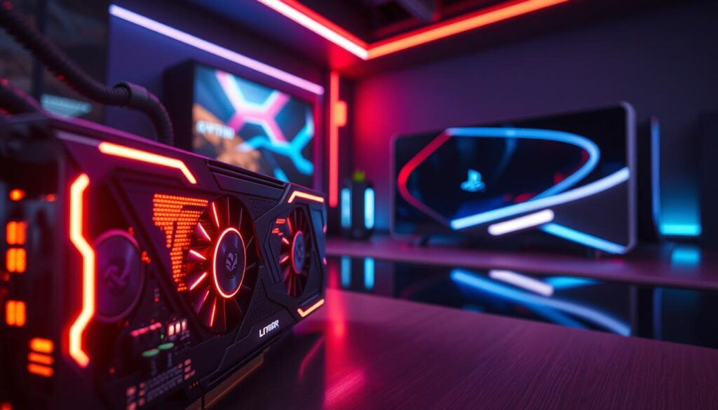 A stunning visualization of ray tracing technology in a futuristic gaming environment, foreground showing a detailed close-up of a sleek, modern graphics card with intricate circuitry illuminated by dynamic LED lighting. The middle ground features an ultra-realistic gaming scene with vibrant reflections and shadows cast dramatically on glossy surfaces, showcasing ray tracing capabilities. In the background, a high-tech gaming console, resembling the PlayStation 6, is artfully integrated into a stylized gaming setup, with subtle colors and ambient lighting enhancing the atmosphere. The entire image is illuminated with soft yet striking lighting, accentuating depth and detail, creating a captivating, immersive mood suitable for a high-performance gaming article.