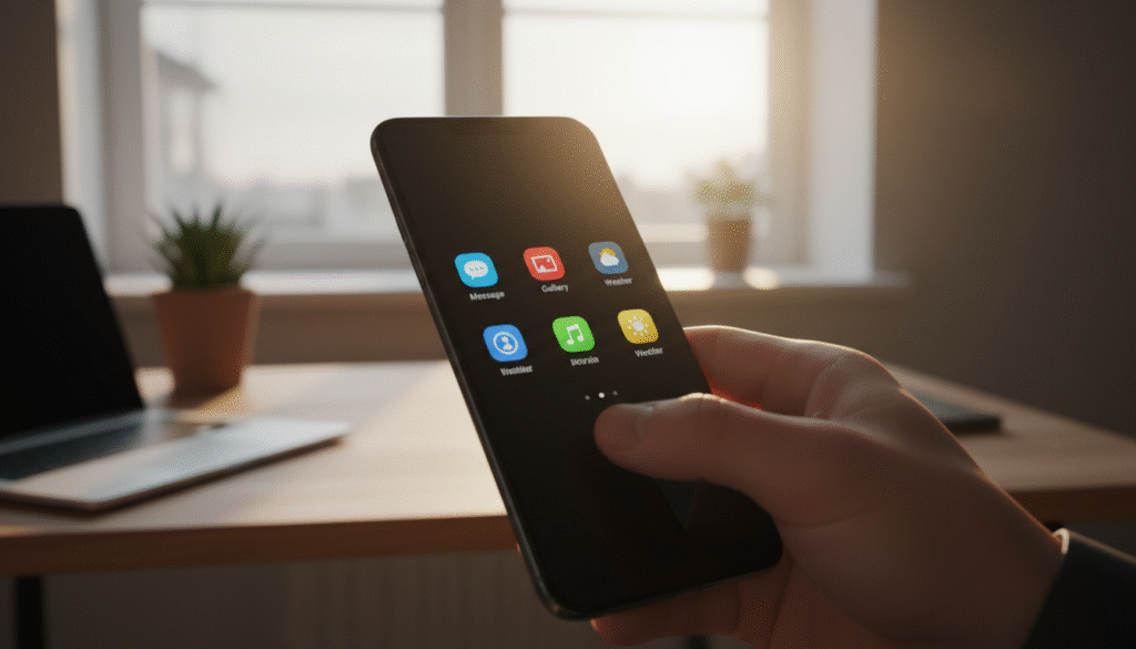A close-up of a smartphone screen featuring AMOLED technology, showcasing stunning deep blacks and vibrant colors in a visually appealing manner. The screen should exhibit a high contrast between bright icons and dark backgrounds, emphasizing the advantages of AMOLED displays over IPS. In the foreground, include a hand gently interacting with the screen, highlighting its responsiveness. The middle layer should feature the smartphone itself, elegantly framed against a soft-focus background of a modern workspace with natural light filtering in, creating a bright and inviting atmosphere. Use warm lighting to enhance color richness, capturing the essence of AMOLED's visual superiority. The overall mood is professional and informative, perfect for a tech article illustration.