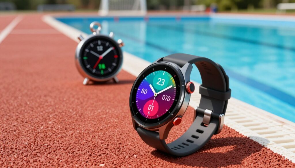 A high-tech smartwatch designed for both running and swimming, prominently displayed in the foreground. The smartwatch features a sleek, modern design with a vibrant touchscreen displaying various workout modes. In the middle ground, incorporate dynamic elements such as a stopwatch and heart rate monitor alongside the watch, suggesting active use. The background showcases a serene outdoor running track on one side and a tranquil swimming pool on the other, blending the two sports environments seamlessly. The lighting is bright and energizing, creating an inspiring atmosphere. The angle should be slightly overhead to emphasize the smartwatch’s features, capturing the essence of an active lifestyle. There are no human subjects in the image, ensuring complete focus on the smartwatch and its capabilities.