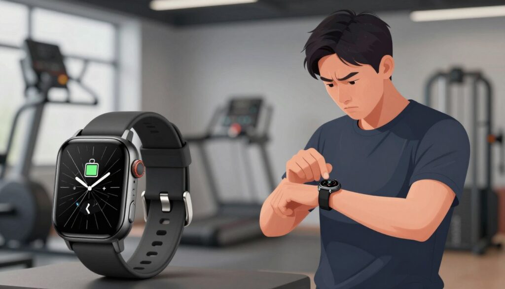 A visually compelling illustration representing the shortcomings and limitations of smartwatches, specifically highlighting the POCO Watch 2. In the foreground, feature a sleek smartwatch displaying a cracked screen and low battery icon, symbolizing common issues. The middle ground shows an active user wearing the watch, looking frustrated while trying to navigate through limited features, dressed in casual sports attire. The background includes a blurred fitness setting with gym equipment, emphasizing the fitness theme. Soft, diffused lighting creates a slightly somber atmosphere, casting gentle shadows that enhance the mood. The image should capture the balance between modern design and practical challenges, emphasizing the limitations of smart tech in everyday use.